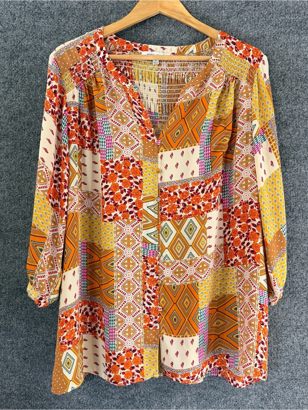 Rose + Olive Womens Artsy Patchwork Button Up Top Size 1X Multicolor 3/4 Sleeve